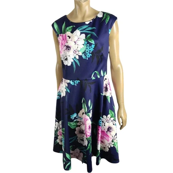 Eliza J New Navy Blue Pink Womens Size 8 Floral Print A-Line Dress, Women's Eliza J New Navy Blue Pink Womens Size 8 Floral Print A-Line Dress, Women's
